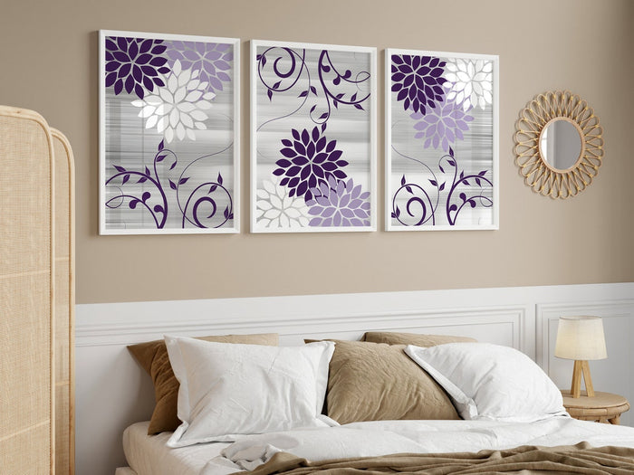 Purple and Gray Scroll Floral Wall Art Print Set - HOME838
