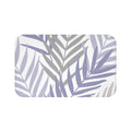 Floor mat with palm leaves in gray, purple, and light purple on a white background.
