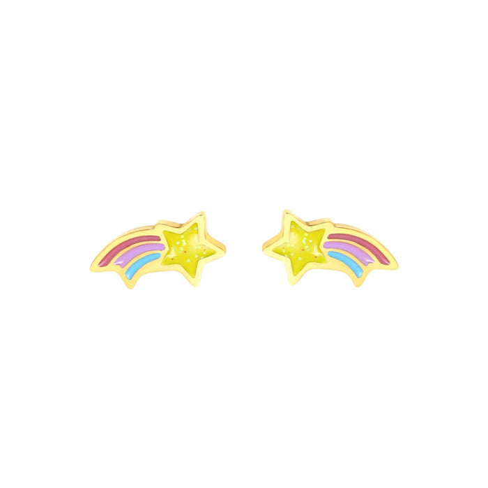Gold rainbow shooting star earrings for children in 316L surgical stainless steel