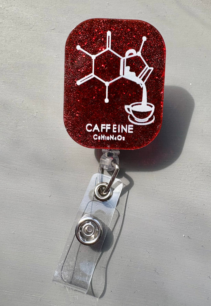 Ladyspinedoc Red Sparkly Enerjava Badge Reel - Retractable with Alligator Clip and Caffeine Molecule Design on a dark red glitter background - perfect for Coffee Lovers