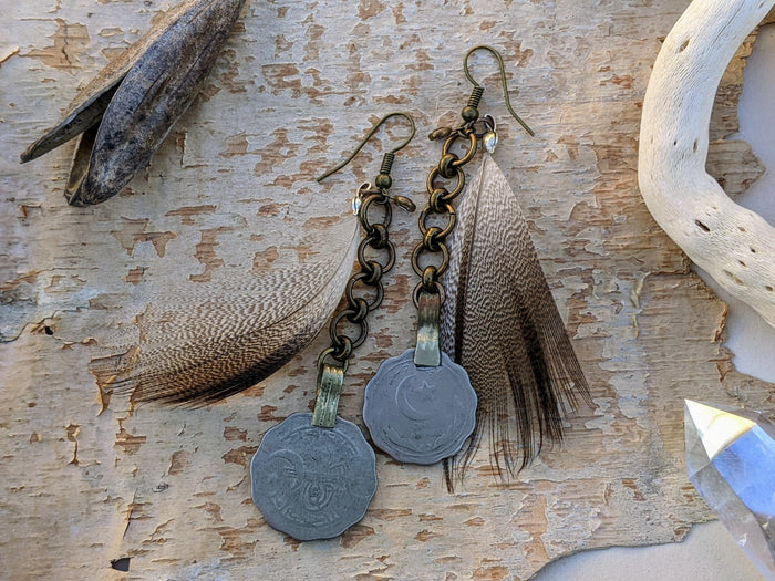 Scalloped Kuchi Coin and Feather Earrings - Minxes' Trinkets