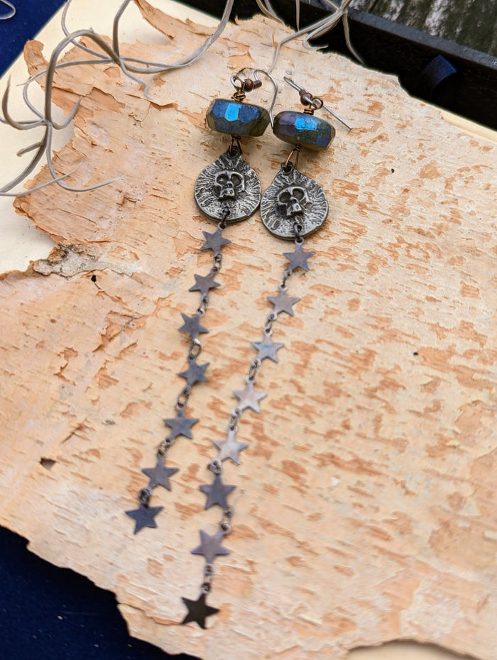Skulls, Stars, and Labradorite Shoulder Duster Earrings