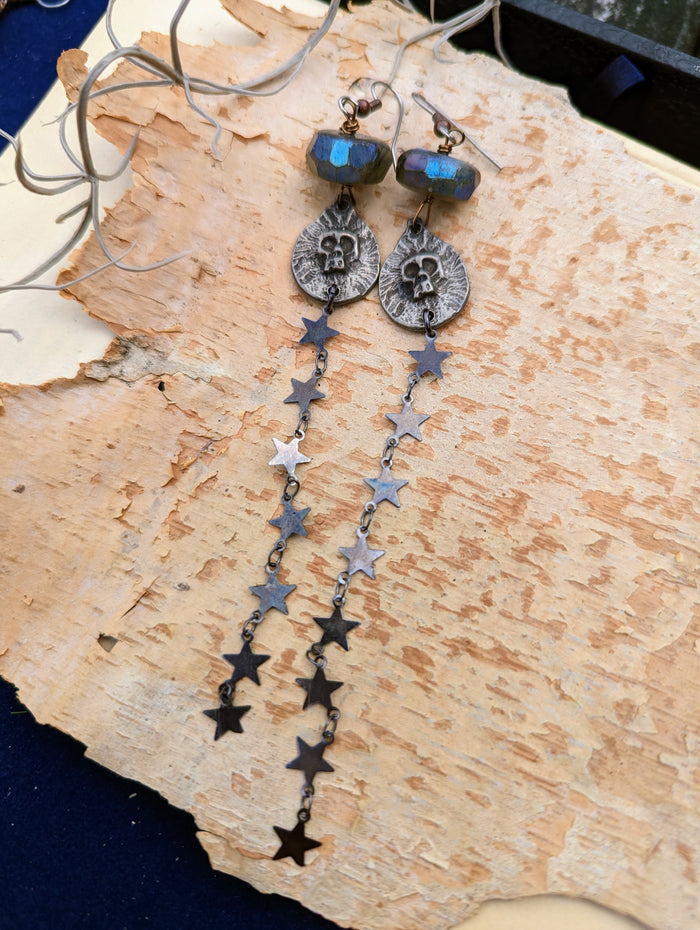 Skulls, Stars, and Labradorite Shoulder Duster Earrings