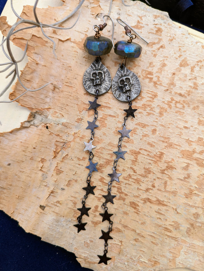 Skulls, Stars, and Labradorite Shoulder Duster Earrings