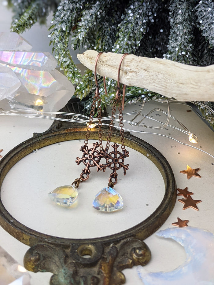 Snowflakes and Iridescent Crystal Drop Earrings