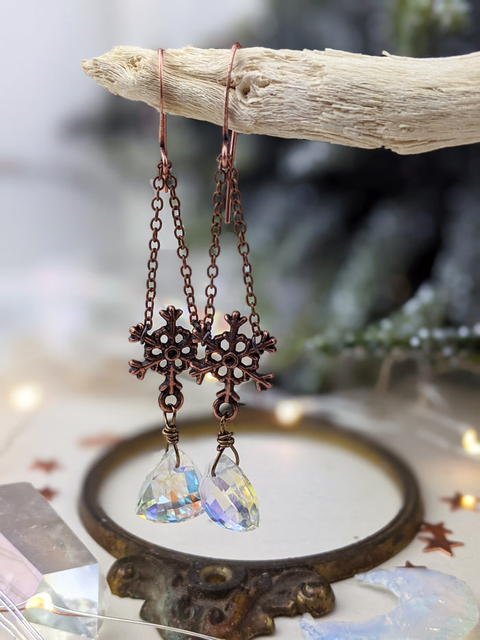 Snowflakes and Iridescent Crystal Drop Earrings
