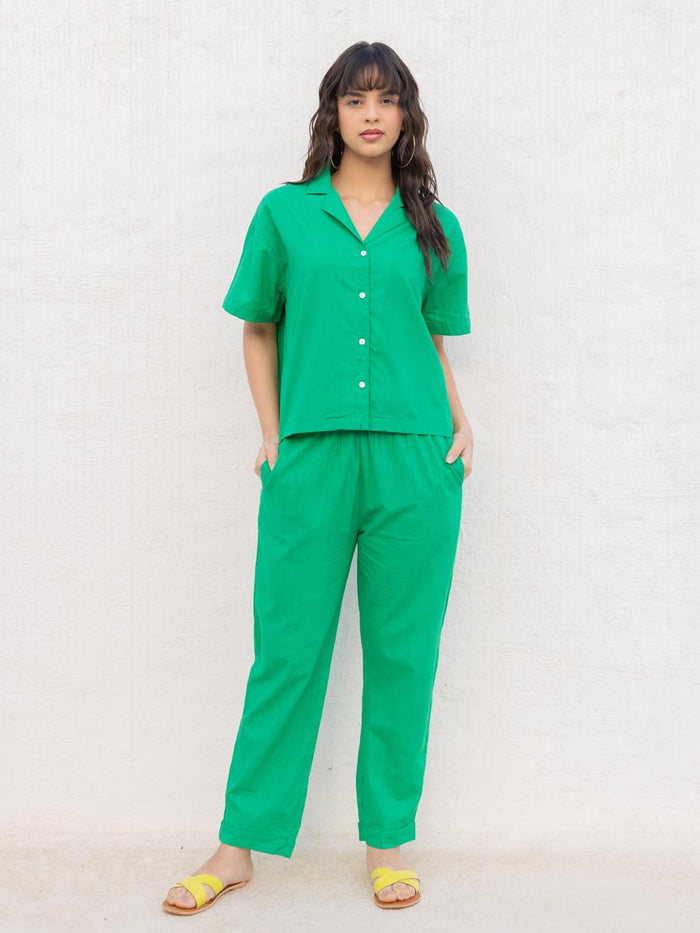 Solid Green Cotton Folded Pants - Pinklay