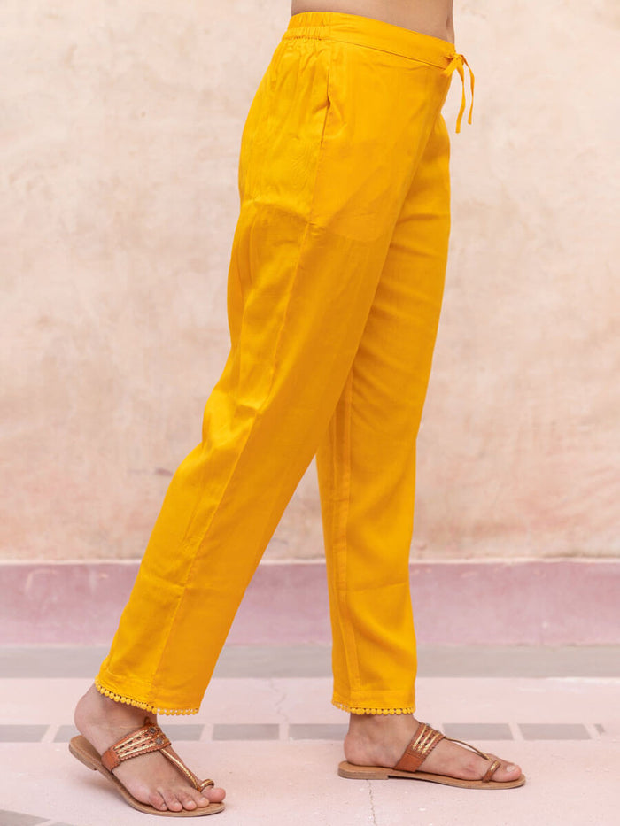 Solid Yellow Modal Straight Pants - Pinklay