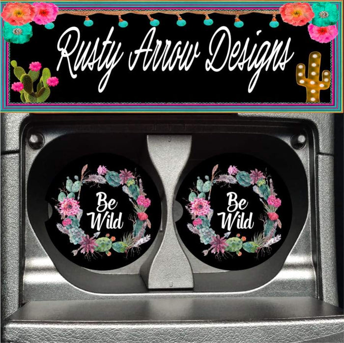 Succulent Be Wild Wreath Black Set of 2 Car Coasters - Car Coasters