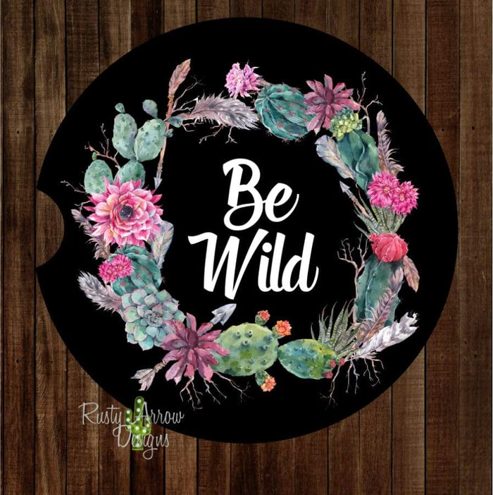 Succulent Be Wild Wreath Black Set of 2 Car Coasters - Car Coasters