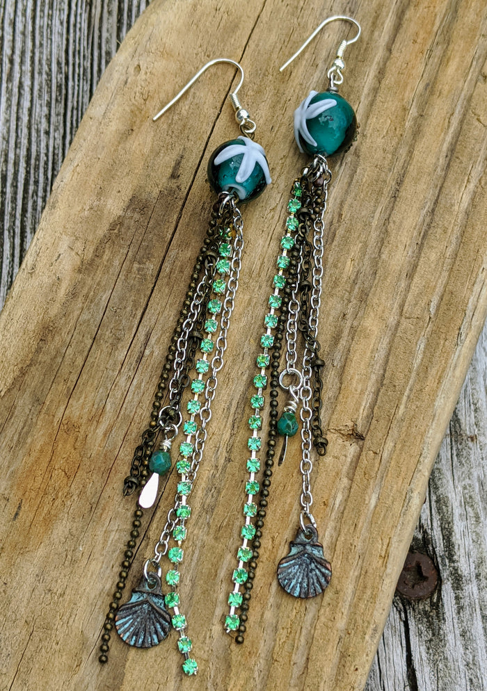 Teal Starfish Shoulder Duster Earrings - Minxes' Trinkets