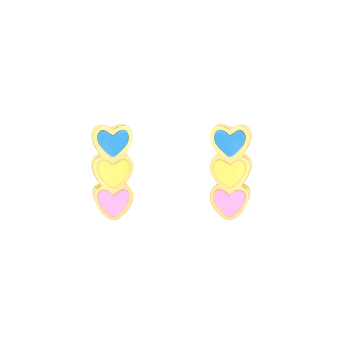 Three hearts hypoallergenic flat back earrings for children in blue yellow and pink