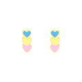 Three hearts hypoallergenic flat back earrings for children in blue yellow and pink