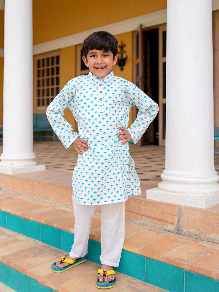 Turquoise Umbrella Organic Cotton Long Kurta - Pinklay