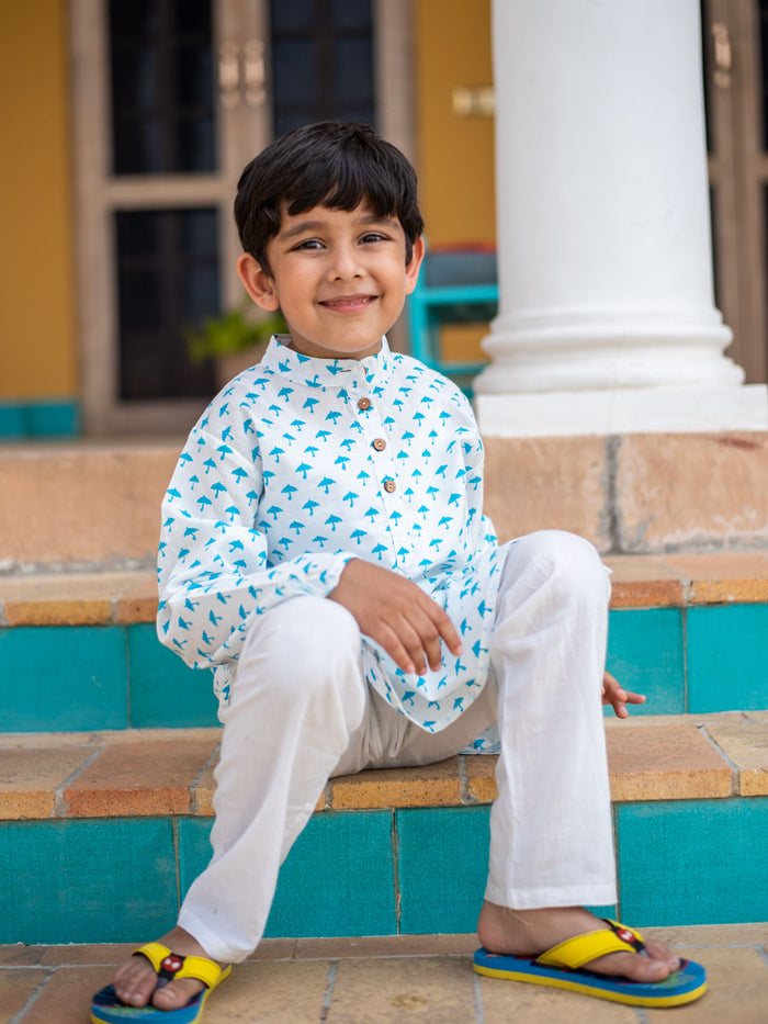 Turquoise Umbrella Organic Cotton Long Kurta - Pinklay