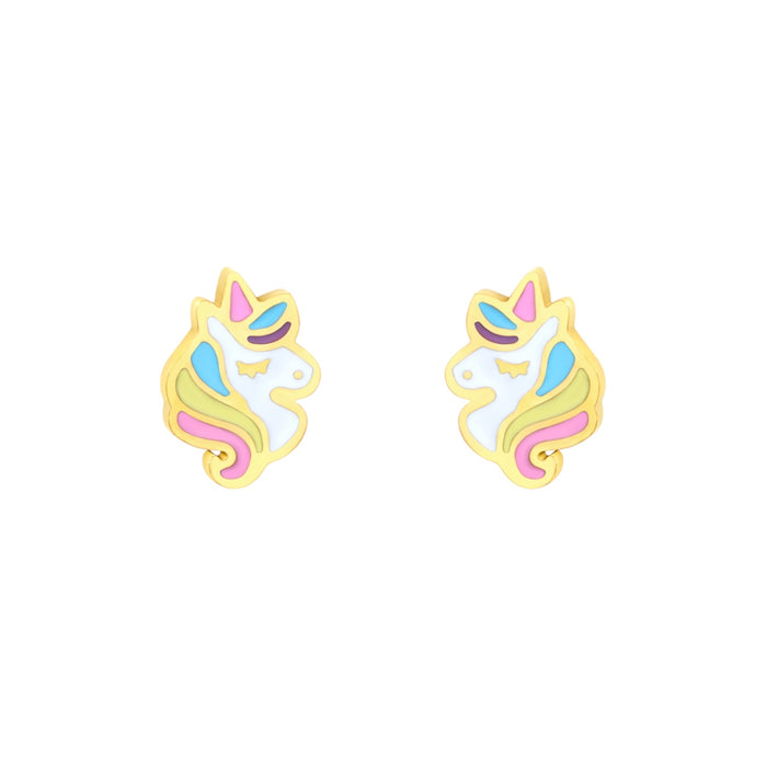 Colourful unicorn hypoallergenic flat back earrings for children in gold-tone 316L surgical stainless steel