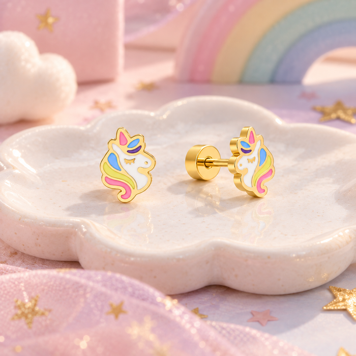 Pastel unicorn surgical steel earrings for children with secure screw-on flat backs