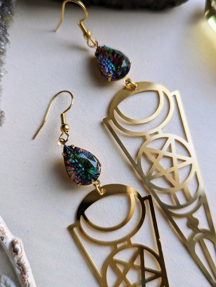 Witchy Star Moon Rhinestone Earrings - Gold 4