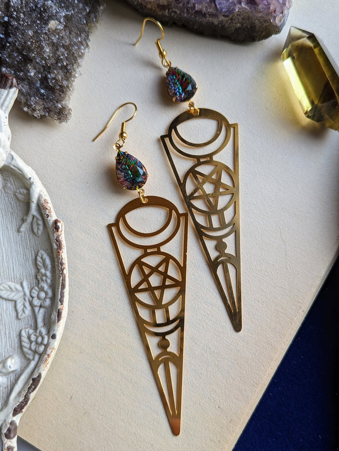 Witchy Star Moon Rhinestone Earrings - Gold 4