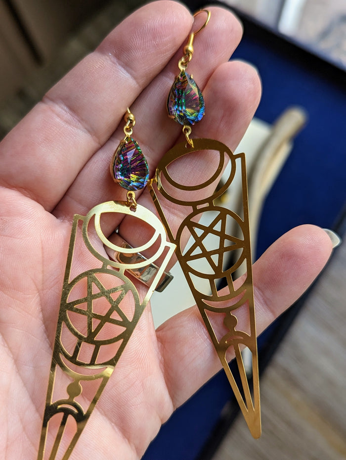 Witchy Star Moon Rhinestone Earrings - Gold 4