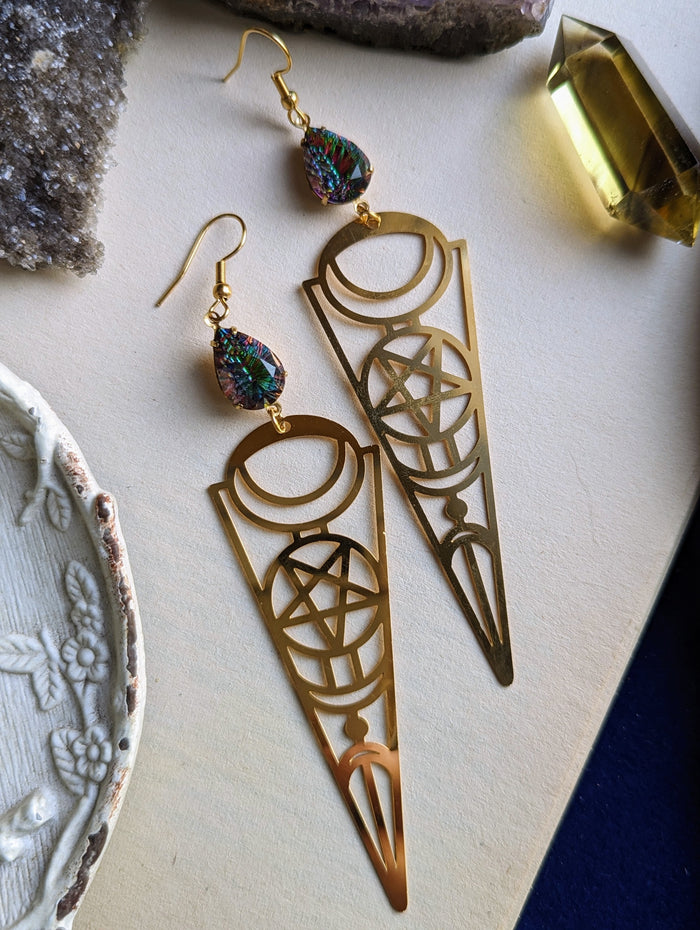 Witchy Star Moon Rhinestone Earrings - Gold 4
